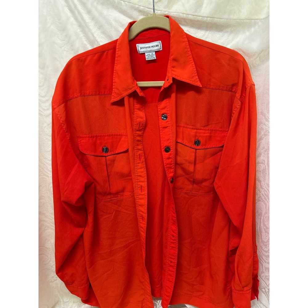 Jennifer Moore Womens Red Long Sleeve Button Down Shirt Size 14‎ Chest Pockets
